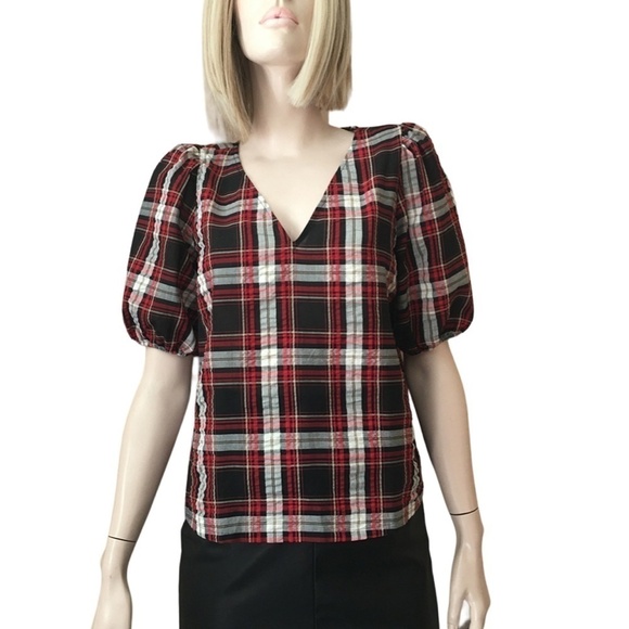 LOFT Blouse Rayon blend Plaid Seersucker Puckered Top Shirt Short Sleeve XS-S - Picture 13 of 15